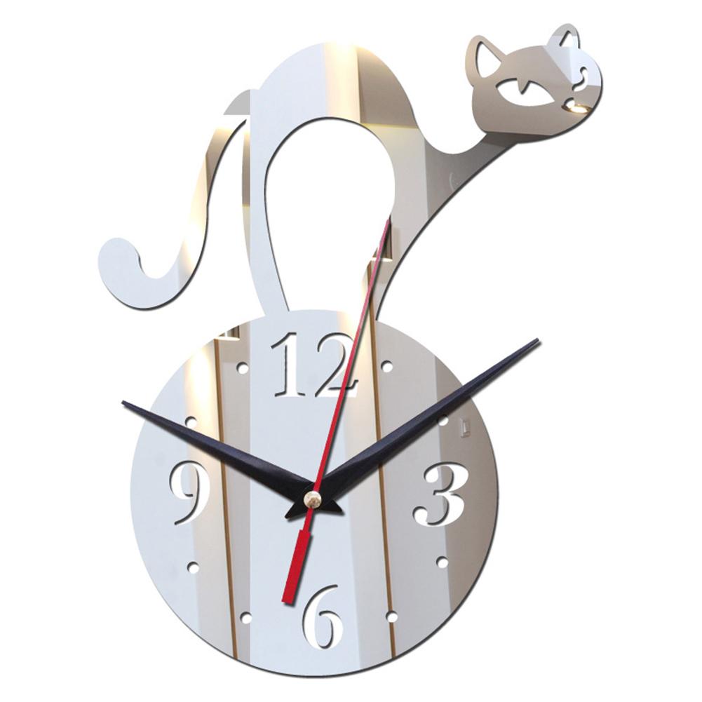

Creative Cat Wall Clocks Mirror Frameless Battery Operated Wall mounted Clocks For Home Living Room Decor silver