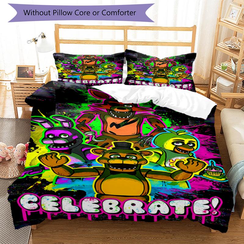3pcs Freddy Bear2 Design Cover Set - HD Printed Bedding with 1 Cover and 2 Pillowcases - Perfect for Home and Dorm Decor