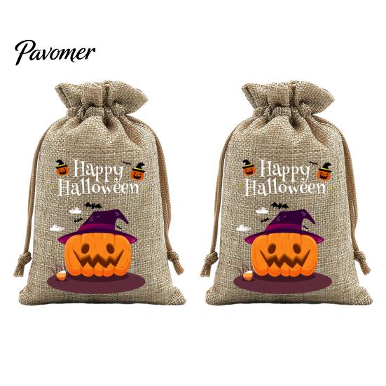 Trick or Treat Party Souvenirs 2Pcs Halloween Pumpkin Drawstring Bags for Candy Treats, Retro Burlap Rustic Linen Goodie Bags, Portable Kids