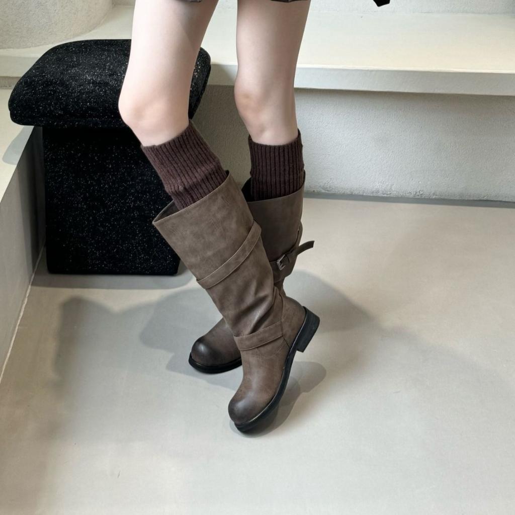 Retro design round head thick-soled boots female knight boots belt buckle high boots