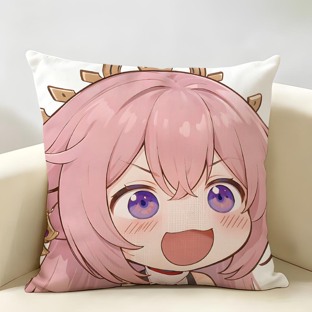 Yae Miko Cute Genshin Impact Cushion Cover Natural Linen Organic Fabric DoubleSided Printing Room Sofa Decor Pillow Case
