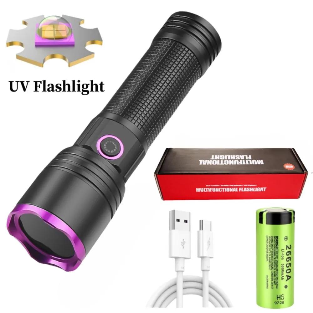 

Portable UV LED Flashlight Aluminum Alloy Waterproof Type C Rechargeable Black Light Torch for Pet Urine Detector Resin Curing 26650&Fixed Focus