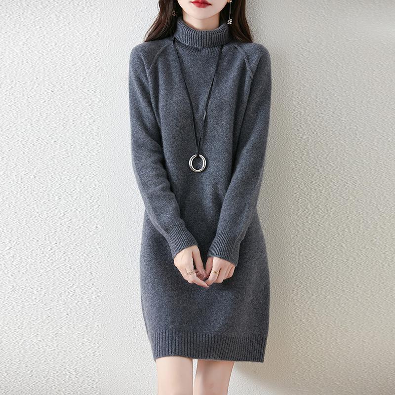 

Жіноча сукня-светр 100% вовна Водолазка В язаний довгий пуловер Зимові джемпери Довга вовняна сукня Жіноча L темно-сірий колір