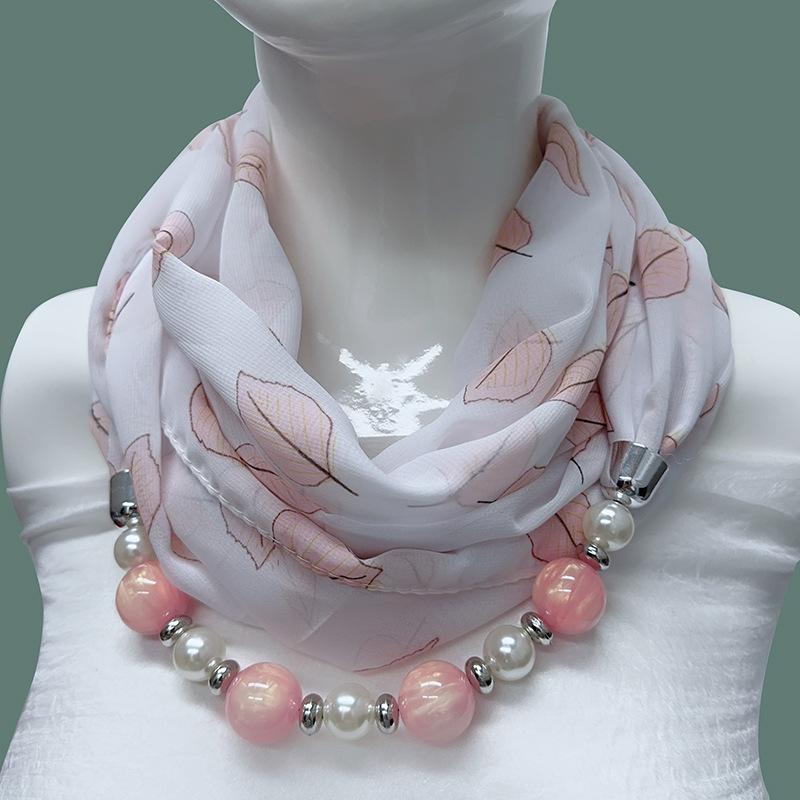 Chic Printed Scarf Necklace with Pearl and Bead Accents – Lightweight Chiffon Infinity Scarf for Women, Fashion Statement Accessory