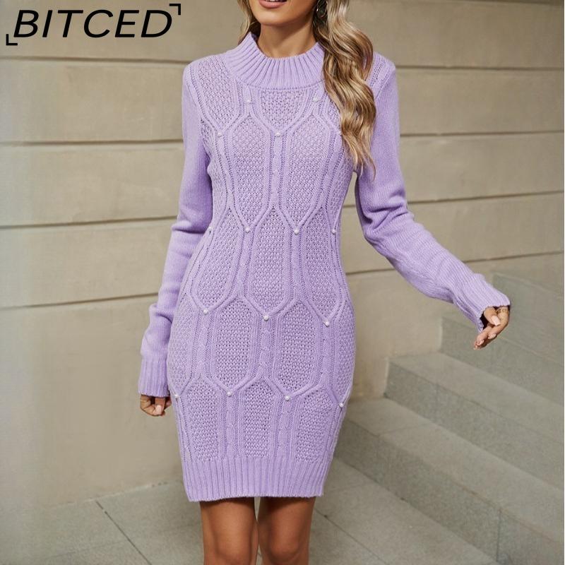 

BITCED Вязаное платье-свитер Осень/Зима Однотонное с бусинами Длинный рукав Облегающее вязаное платье XL фиолетовый