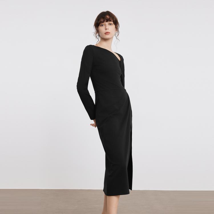 ELLE French Design Irregular Solid Color Asymmetrical Neck Simple Comfortable Long Sleeve Dress Women dress Black EL49857