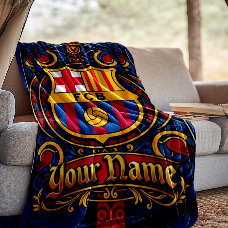 Custom Name Barcelona Football Throw Blanket - Perfect for Couch, Bed, Office, and outdoor Travel - Ideal Gift for Christmas & Holidays