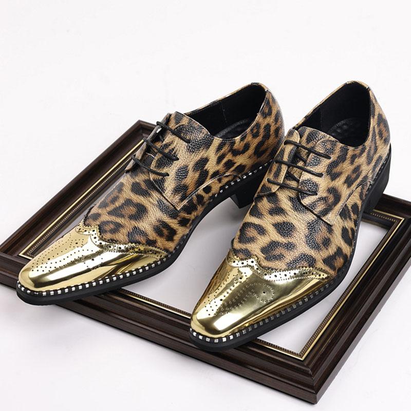 Designer Brand New Men's gold silver Pointed Lace Up Leopard Patent Leather Flats Shoes Homecoming Wedding Formal Dress Footwear