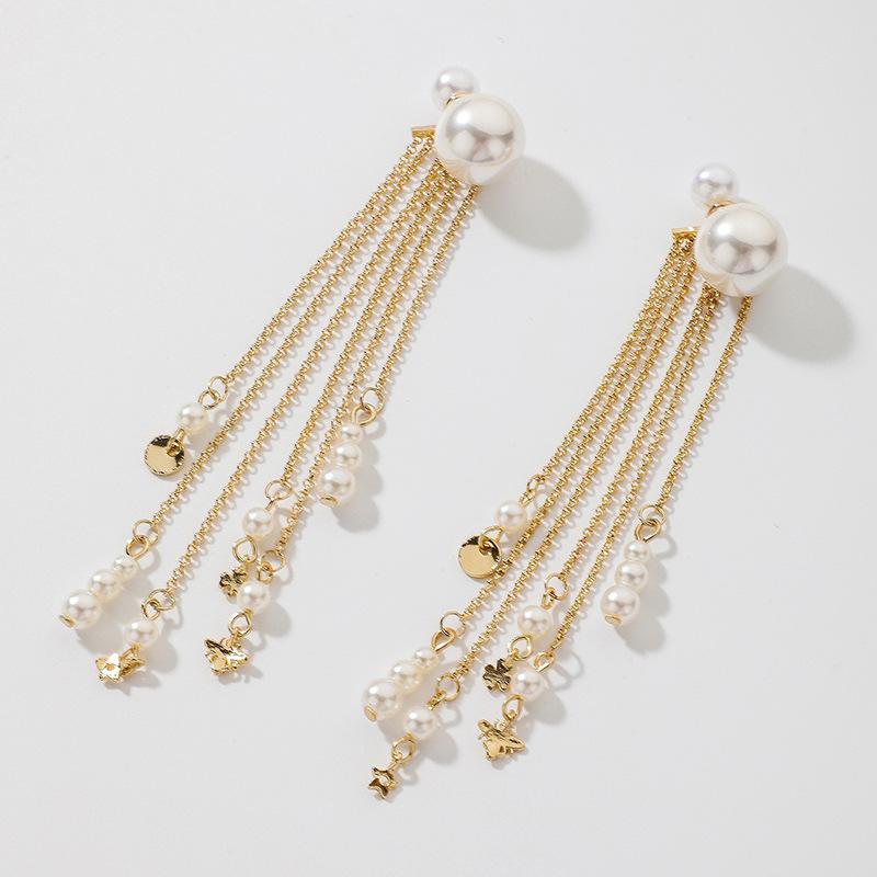 Silver needle retro imitation pearl long fringed earrings ins Internet celebrity personality premium earrings