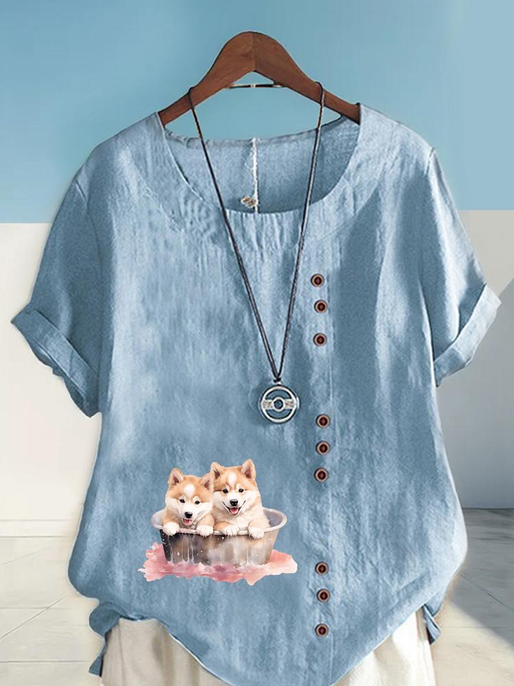 Women's Fashion Couple Dog Print Round Neck Short Sleeve T-shirt Summer Casual Cotton Linen Graphic Shirt Leisure Loose Blouse Tops