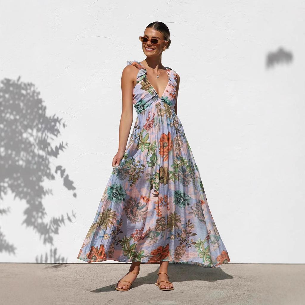 Women's Boho Floral Beach Dress Sleeveless Summer Deep V  Neck Maxi Dress Casual Smocked Flowy A-Line  Sundress Party Long Dresses for Women
