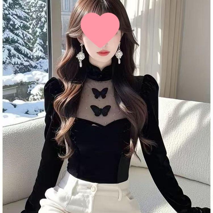 Elegant Black Velvet Mesh Splicing Top for Women - Autumn/Winter Stylish Base Layer