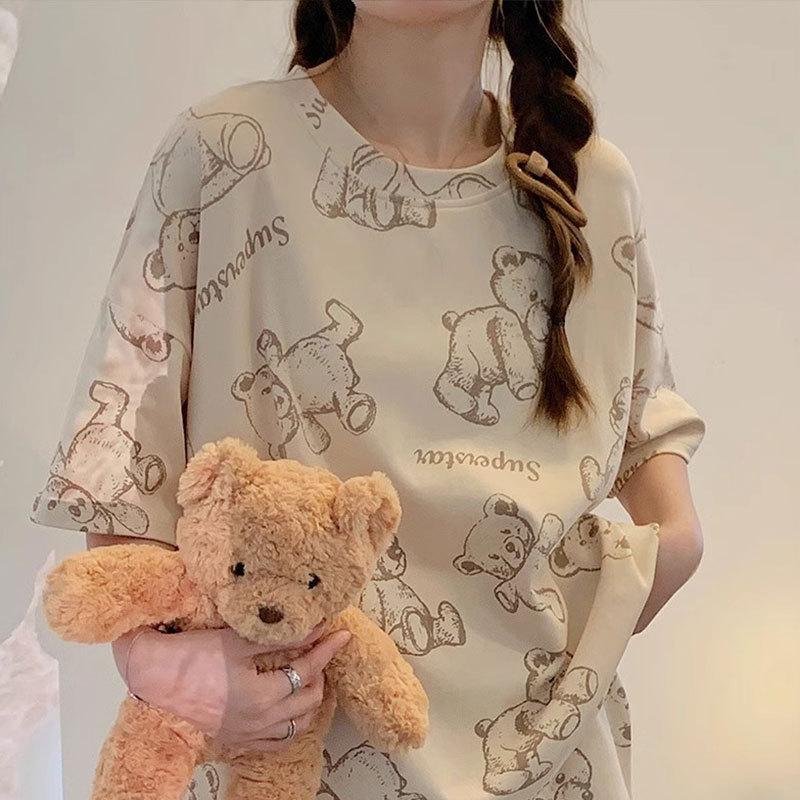 Soft and girlish Teddy Bear cartoon pajamas for women, summer thin cotton short-sleeve set, loose long pants, loungewear suitable for outerwear