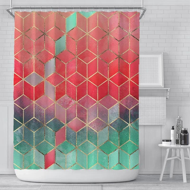 

3D Geometric Marble Printing Bathroom Shower Curtain Polyester Waterproof Home Decoration Bathroom Curtain with Hook 90x180cm-35x70in