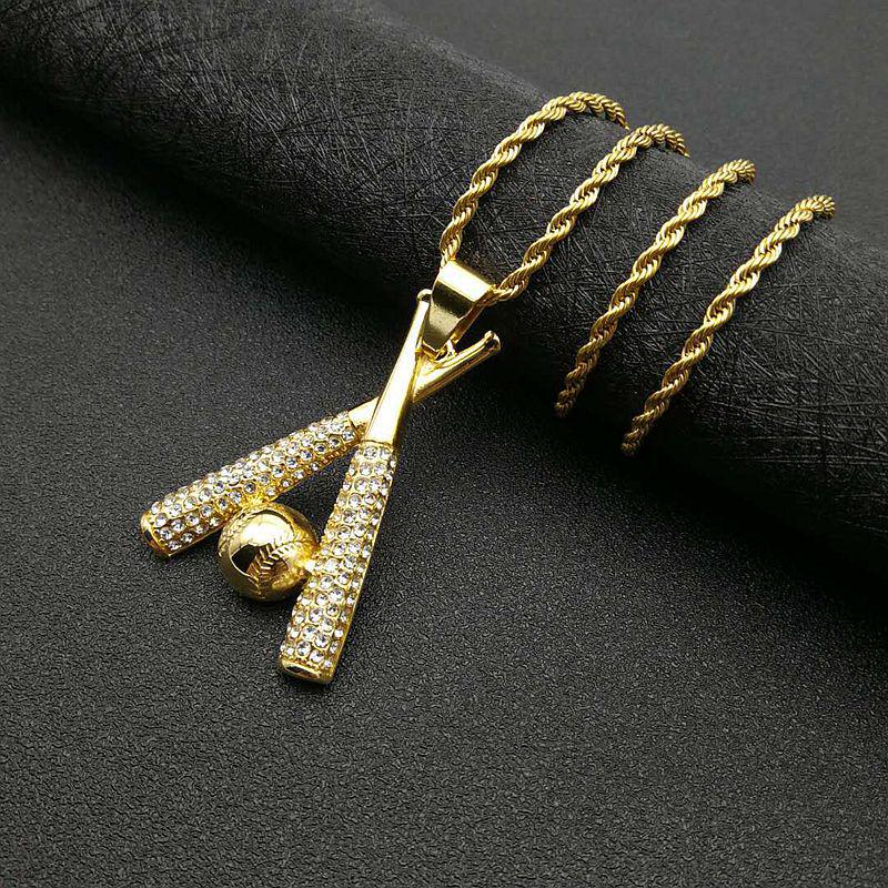 Gold-Plated Titanium Steel Diamond Baseball Pendant Necklace
