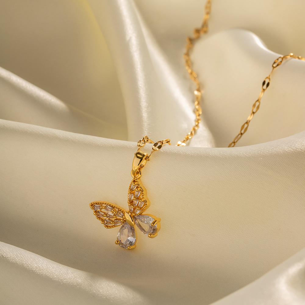 Youthway Stainless Steel  Pvd Gold Plated White Zircon Butterfly Pendant Necklace Waterproof Jewelry Gift
