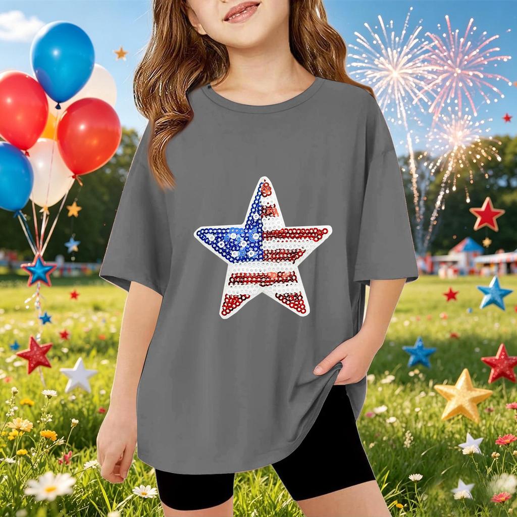 Kinder Kurzarm T-Shirt mit Sternenmuster Pailletten vorne Lässiges lockeres Oberteil für den Sommer Alltagsbekleidung