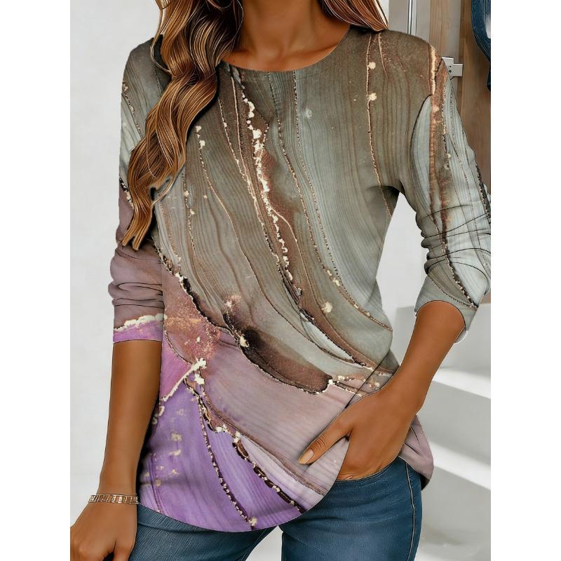 Women's Abstract Watercolor Print Long-sleeved Loose Round Neck Top, Casual Everyday Street Style with Elegant Design.