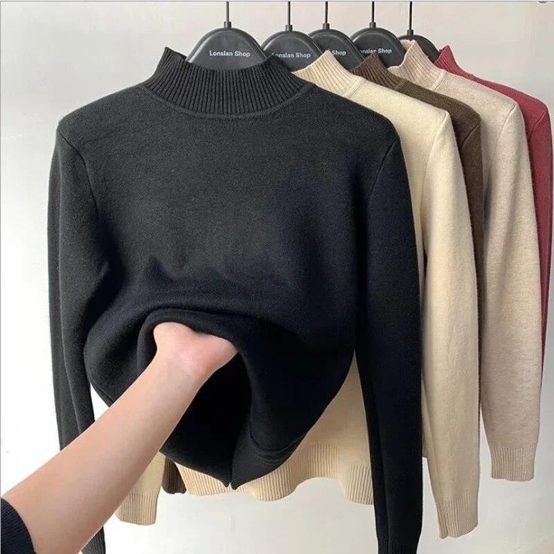 Office-lady Dolcevita Solido Maglione Donna Autunno Inverno Casual Pile Addensato Caldo Pullover Moda Loose Fit Soft Top 29760