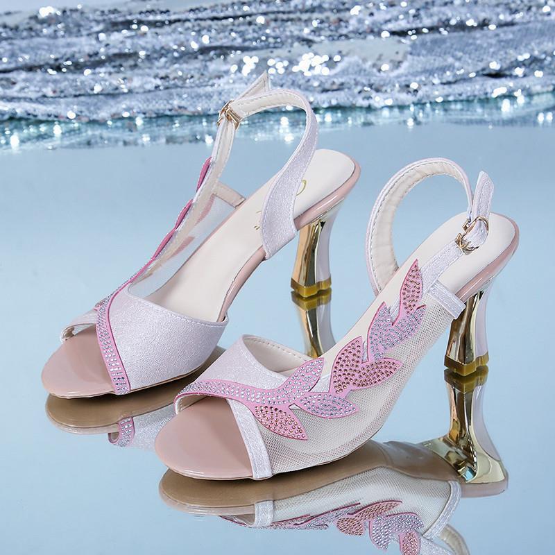 Luxury sandals women's middle heel 2024 summer new British windfish mouth with diamond mesh high heels Women's shoes