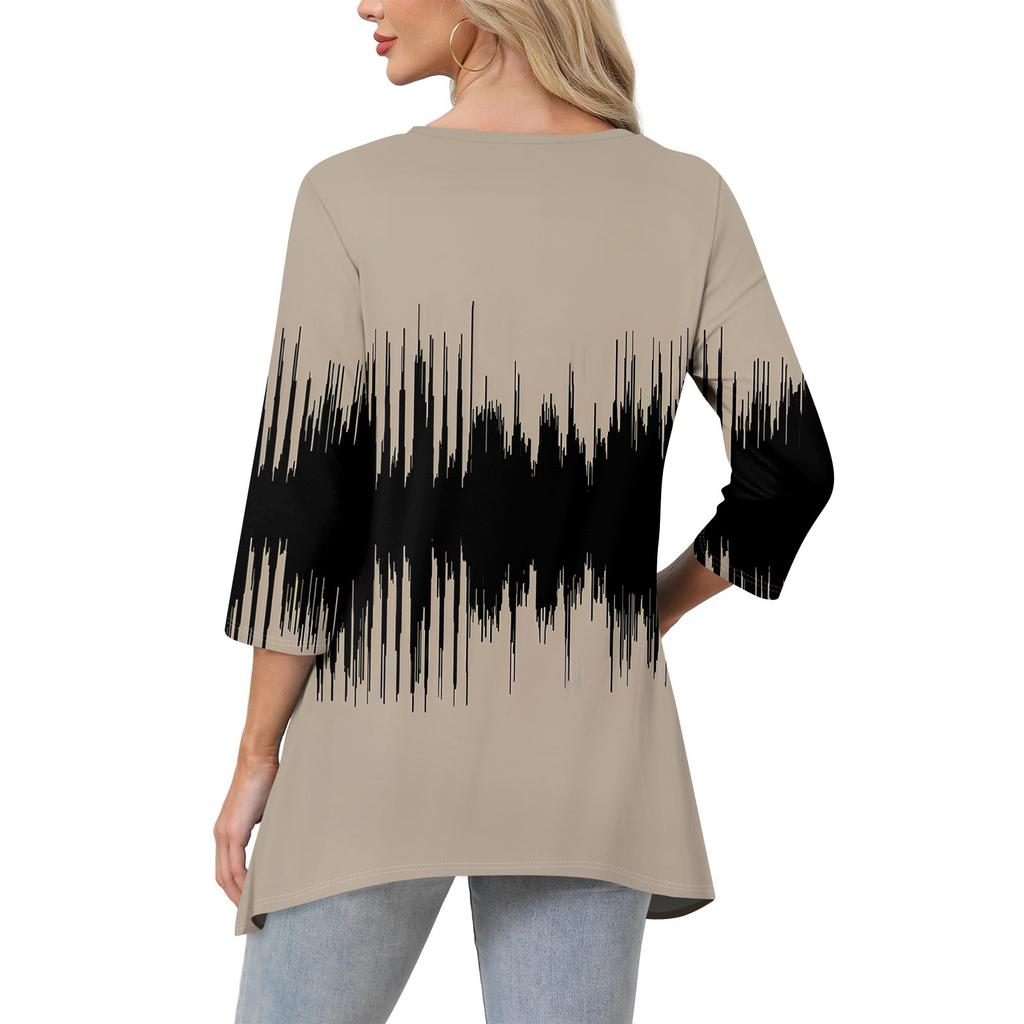 Women 3/4 Sleeve Tunic Prints Tops For  Loose Fit Casual Blouses V Neck T Shirts With Asymmetrical Hem