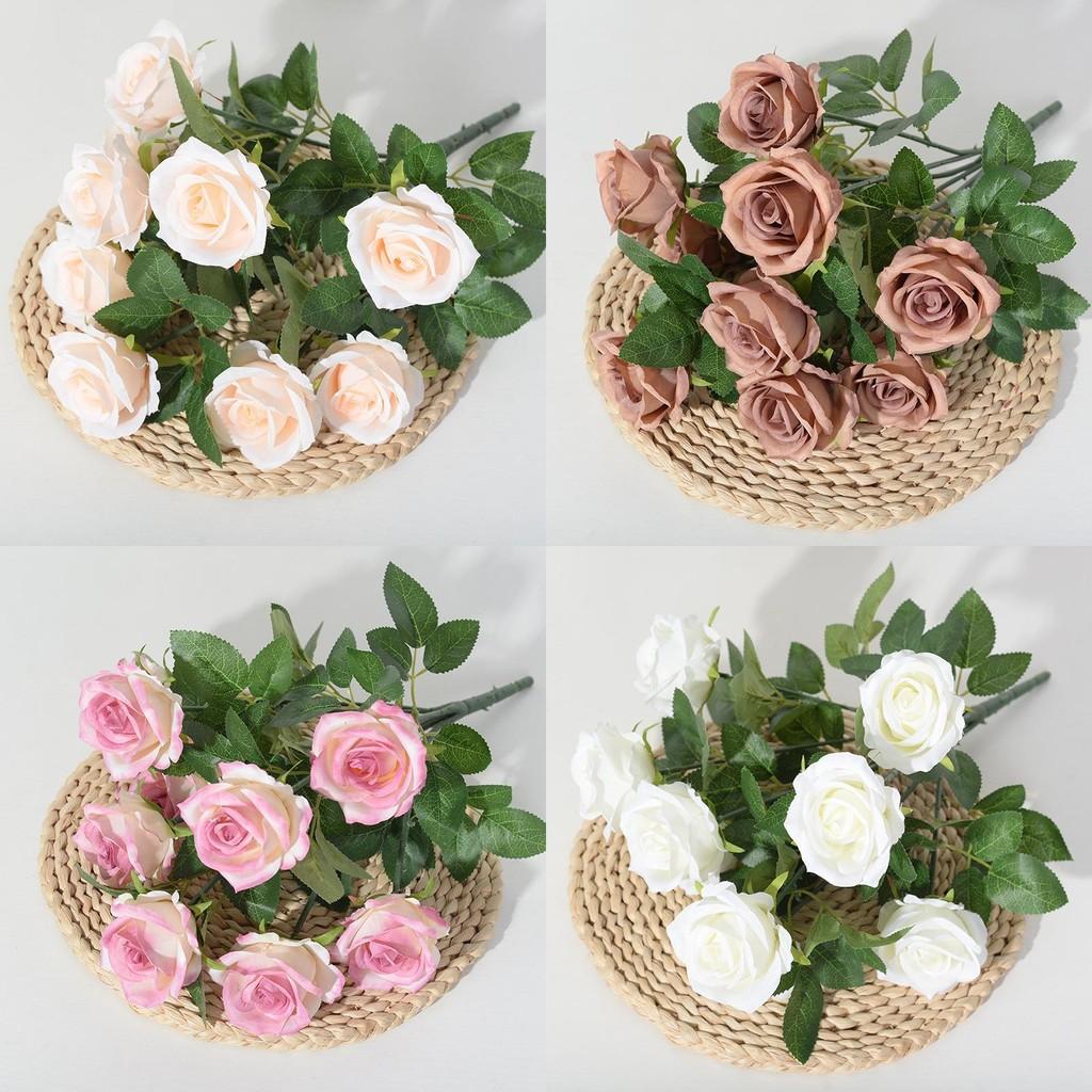 Realistic Faux Rose Display Nine Head Flowers For House Decor Photography Studio And Outdoor Settings