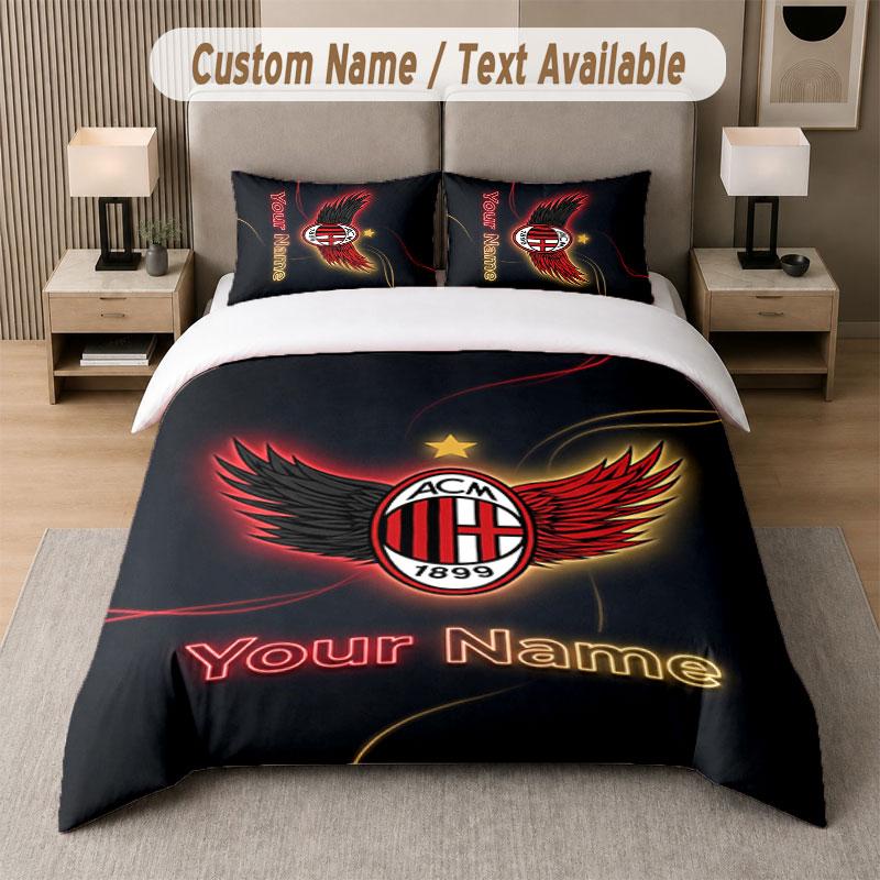 Set Biancheria da Letto Personalizzato Motivo AC Milan, Stampa Nome Testo 1 Copripiumino più 2 Federe Tessile per la Casa