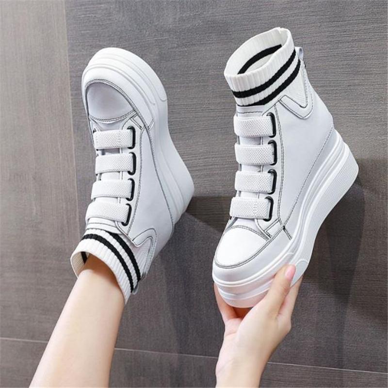 Fashion Spring Autumn Women High Top Sneakers Breathable Thick Sole Chunky Sneakers Ankle Boots 8cm Platform Booties Wedge Boots White