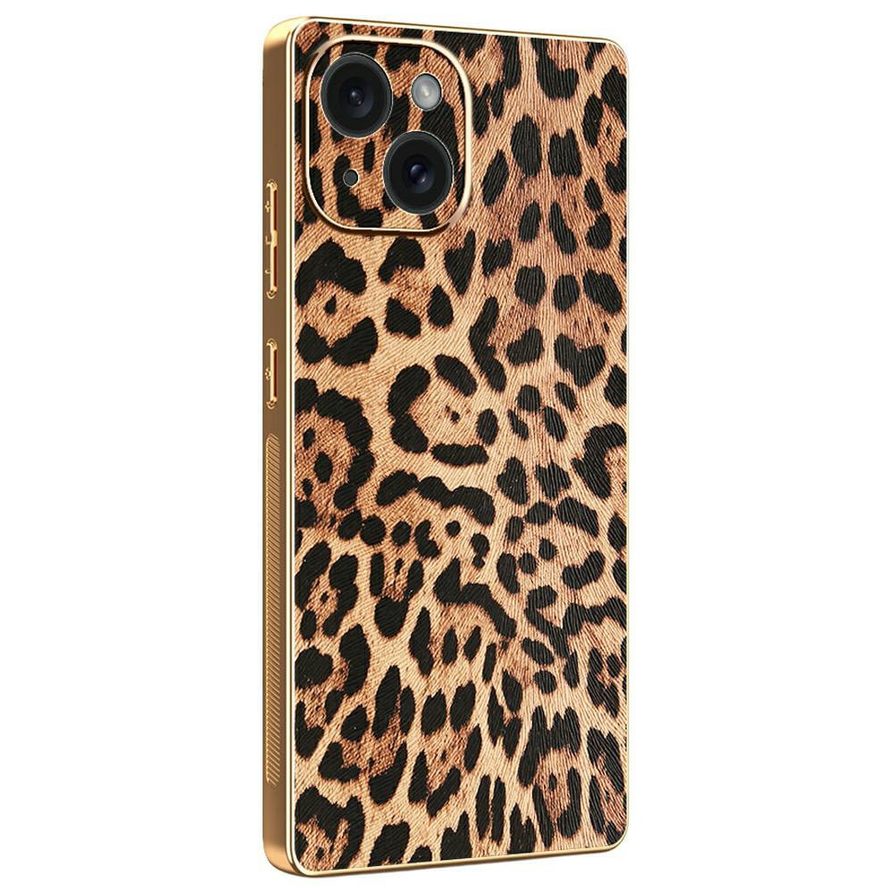 

For iPhone 15 Case Leopard Print PU Leather Coated PC+TPU Electroplating Phone Cover A