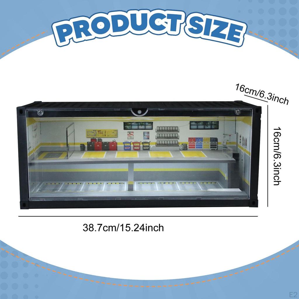 1:64 Scale Model Car Display Case repair shop scene Backdrop with LED Showcase for Doll Sports Cars