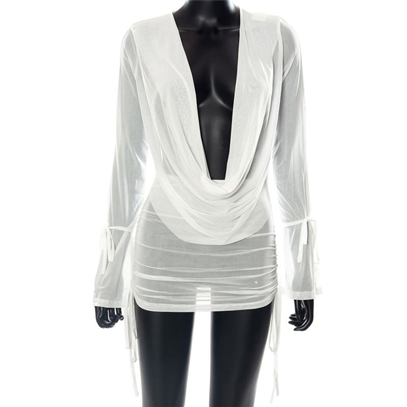

Fashion Sexy Deep V See-through Suit Dress Mesh White M
