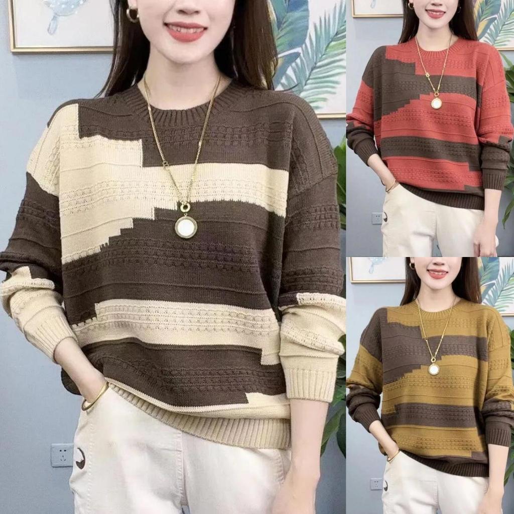 Women's Spring and Autumn Contrast Color Fashion All-match Sweater Sweater Casual Round Neck Long-sleeved Sweater