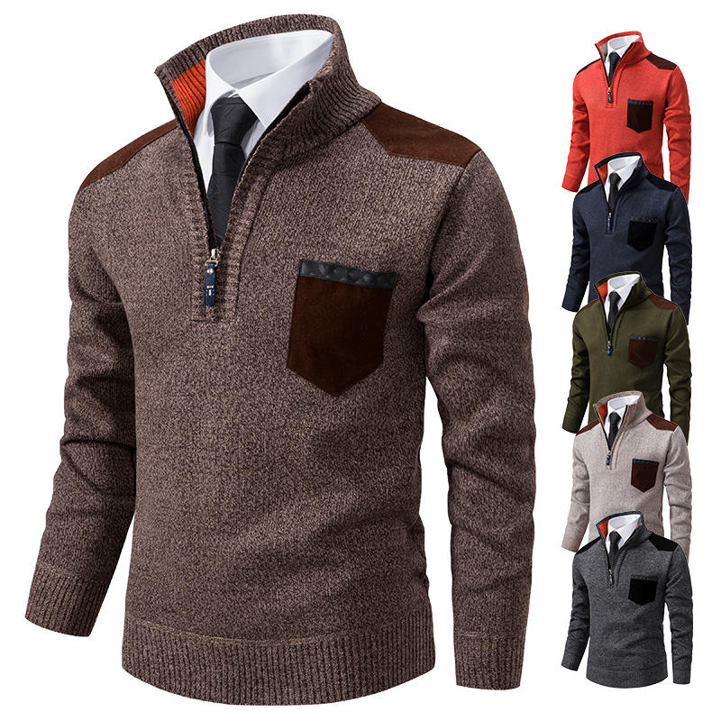 Men Pullover Autumn Winter Sweater Thick Polo Shirts Stand Collar Half Zipper Outerwear