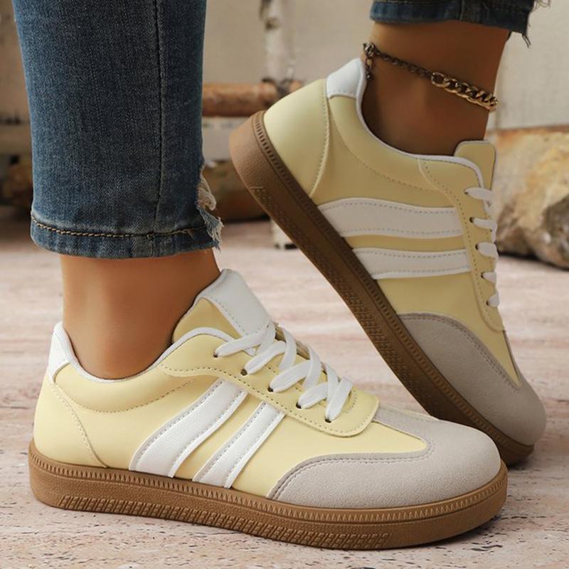 Fashion Light-Yellow Striped Sneakers for Women Spring Autumn Lightweight Walking Sports Shoes Woman Lace Up Vulcanize Shoes Lady