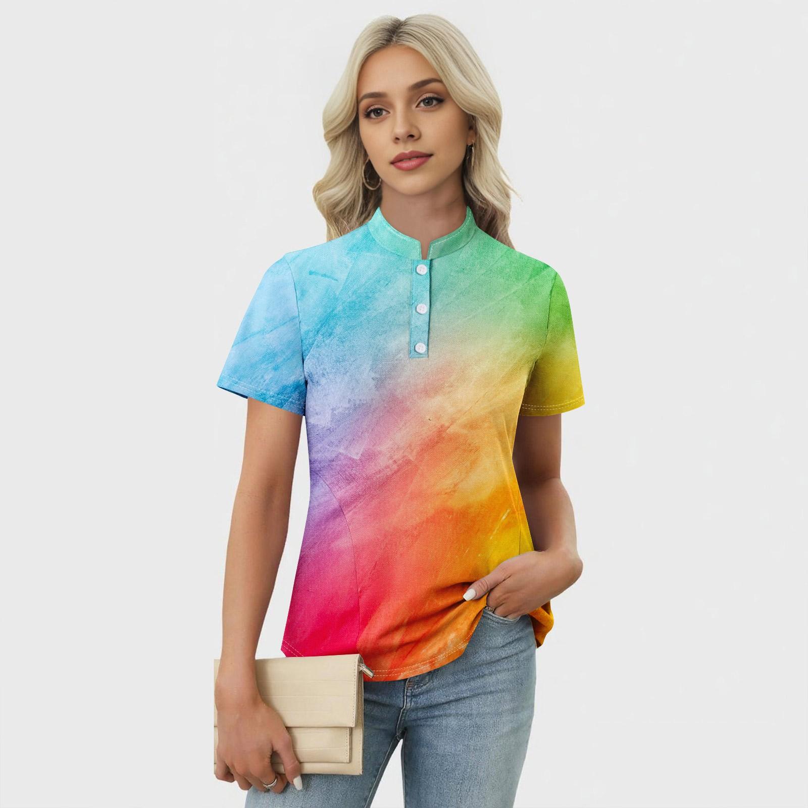 

Women s Casual Floral Print V-Neck Short Sleeve Decorative Button T-Shirt Top S