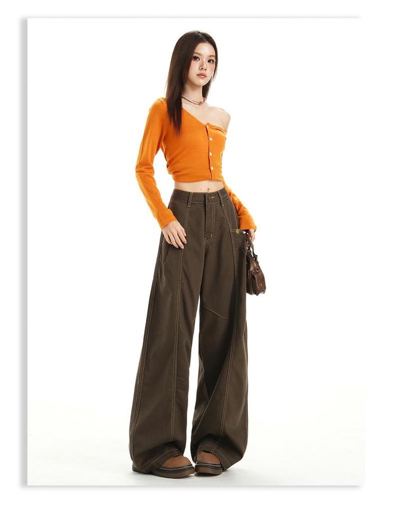 Women's Autumn Retro High Street Loose Fit Straight-Leg Wide Mop Jeans