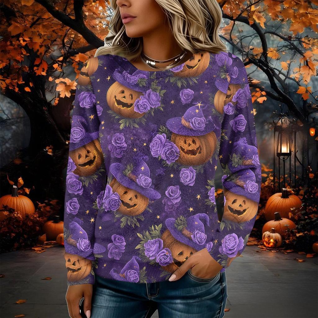 Women's Flannel Long Sleeve Top with Halloween Print Neck Pullover Shirt