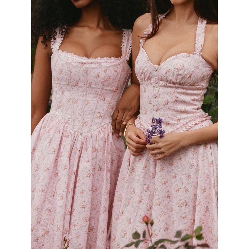 Dream Flower House Same Style French style Sweet Pink Floral Sexy Waist Hugging Backless Pure Desire Hanging Neck Dress