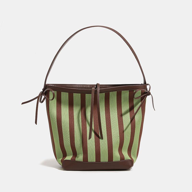 New autumn and winter women s bag, striped tote bag, high-end canvas fashion large-capacity shoulder bag, bucket bag Striped green
