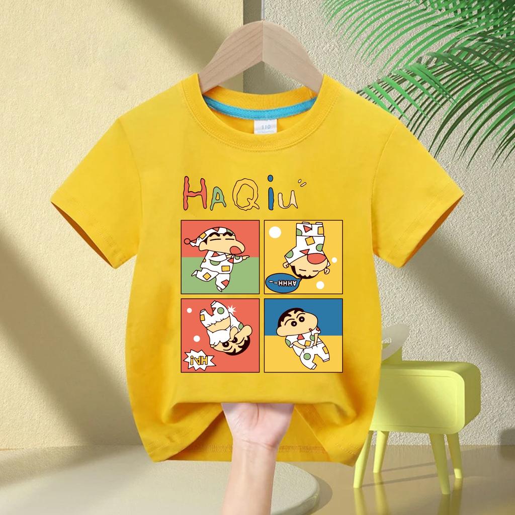 2026 New Summer Cotton Cartoon Crayon Shinchan Print TShirt Summer Fashion Casual Round Neck Cotton Childrens Top