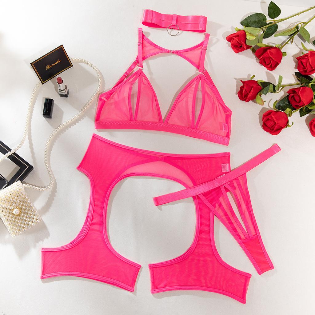 Sexy Mesh Hollow-Out Lingerie 4Pcs Sets See-Through Open Crotch Low-Cut Backless Erotic Intimate Set Sensual Tempt Onlyfans Kit