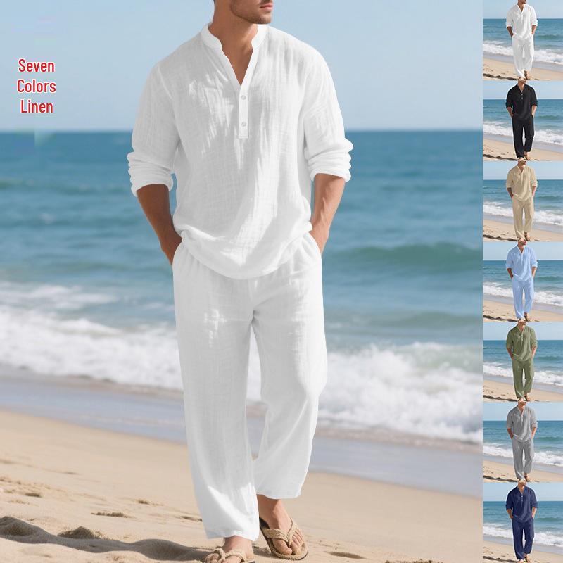 2026 Men's Casual Loose Fit Linen Sports Suit with Long Sleeves