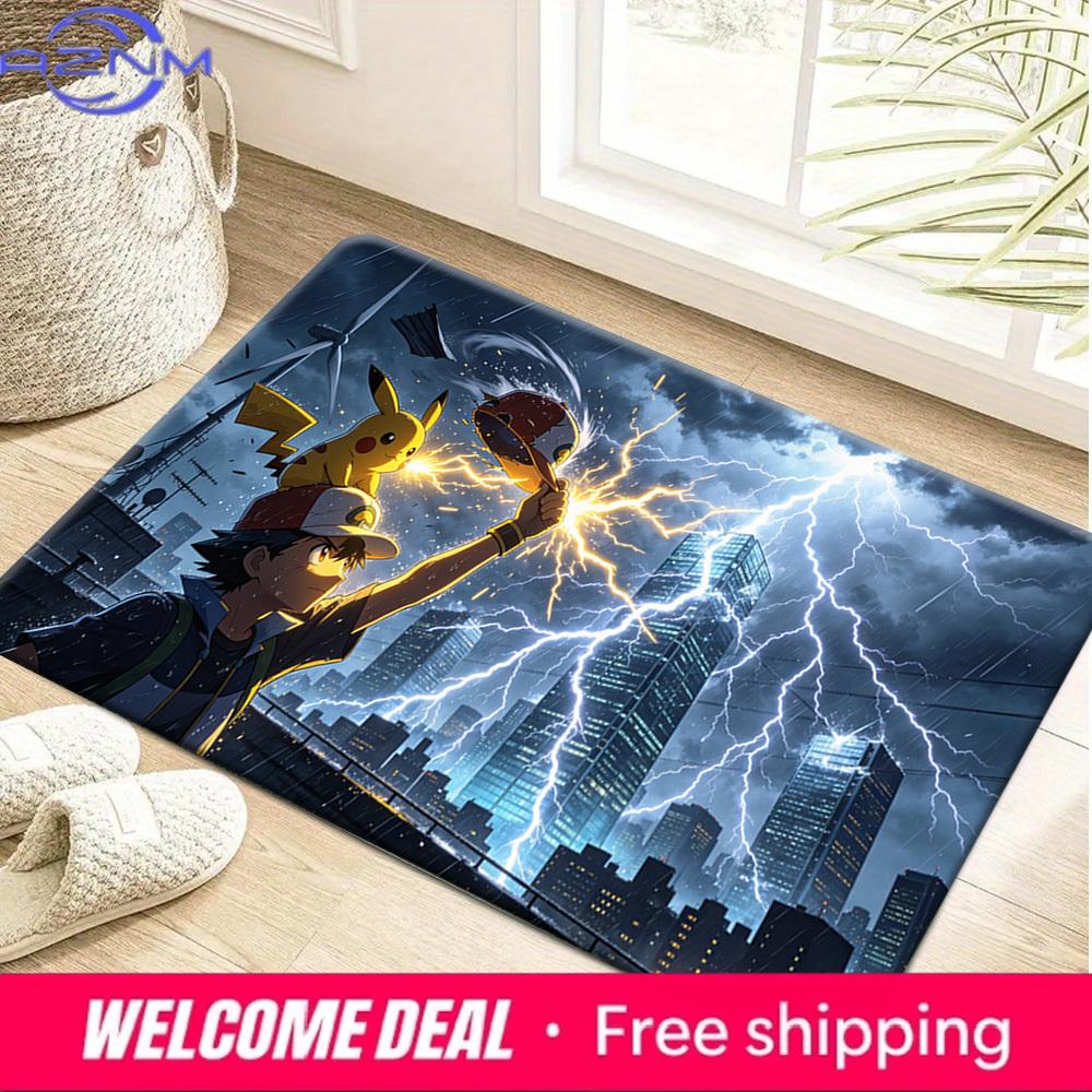 Ash Ketchum and Pikachu with Pokeball City Lightning Print Non-Slip Doormat Soft Floor Mat 40cm x 60cm