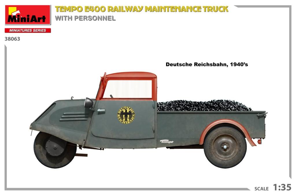 MiniArt Scale Tempo E400 Railway Maintenance Truck with 4 Plastic MA38063 1/35 Figures, Model,