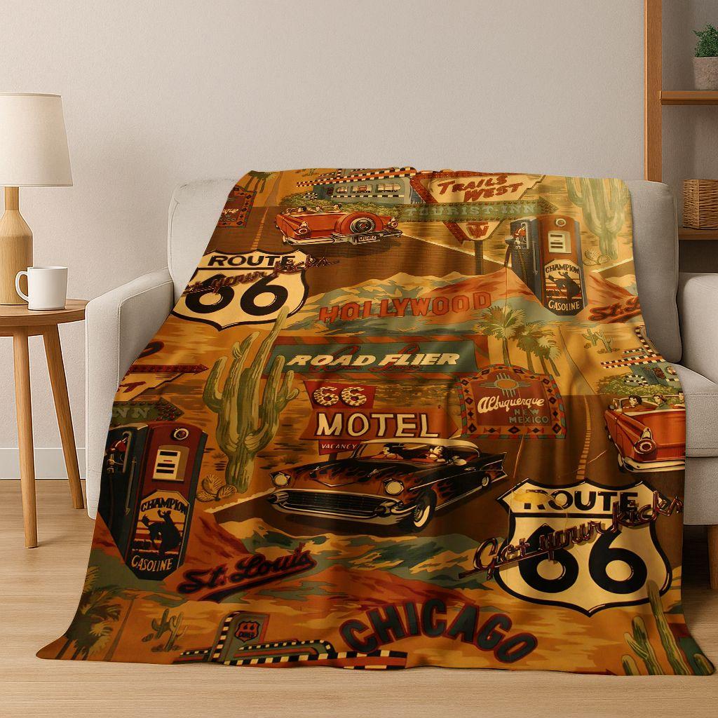 Retro Route 66 Road Trip America Historic Mother Road Art Flannel Blanket,Cozy Soft Throw Blanket for Home Bedroom Bed Sofa Gift