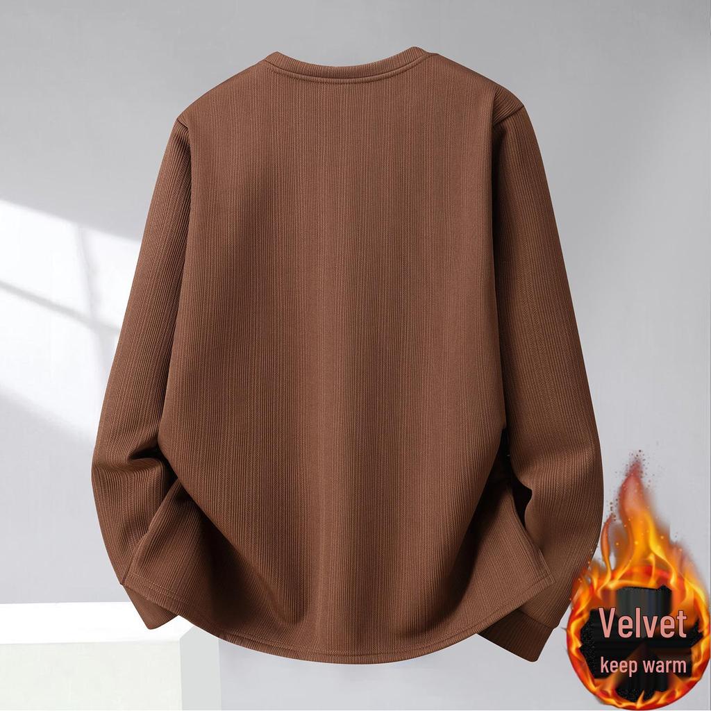Men's Long-Sleeve Fleece-Lined Hoodie T-Shirt - Solid Color, Round Neck, Plus Size for Spring & Autumn