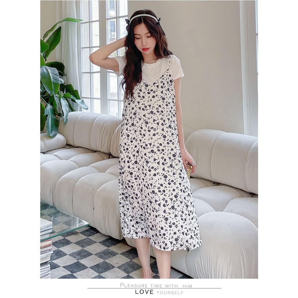 New Suspender Pajamas Women's Spring, Autumn and Summer Ice Silk Thin Small Floral Japanese Sweet Extended Nightgown Internet Celebrity Spot