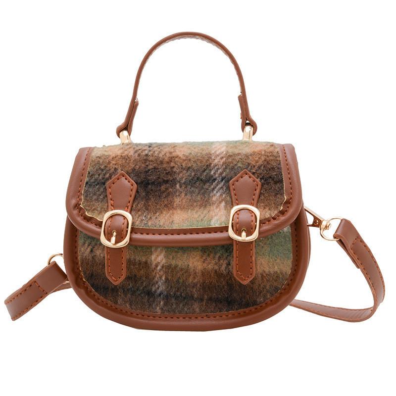 Stylish Gender Neutral Plaid Woolen Mini Handheld Satchel For Children коричневый
