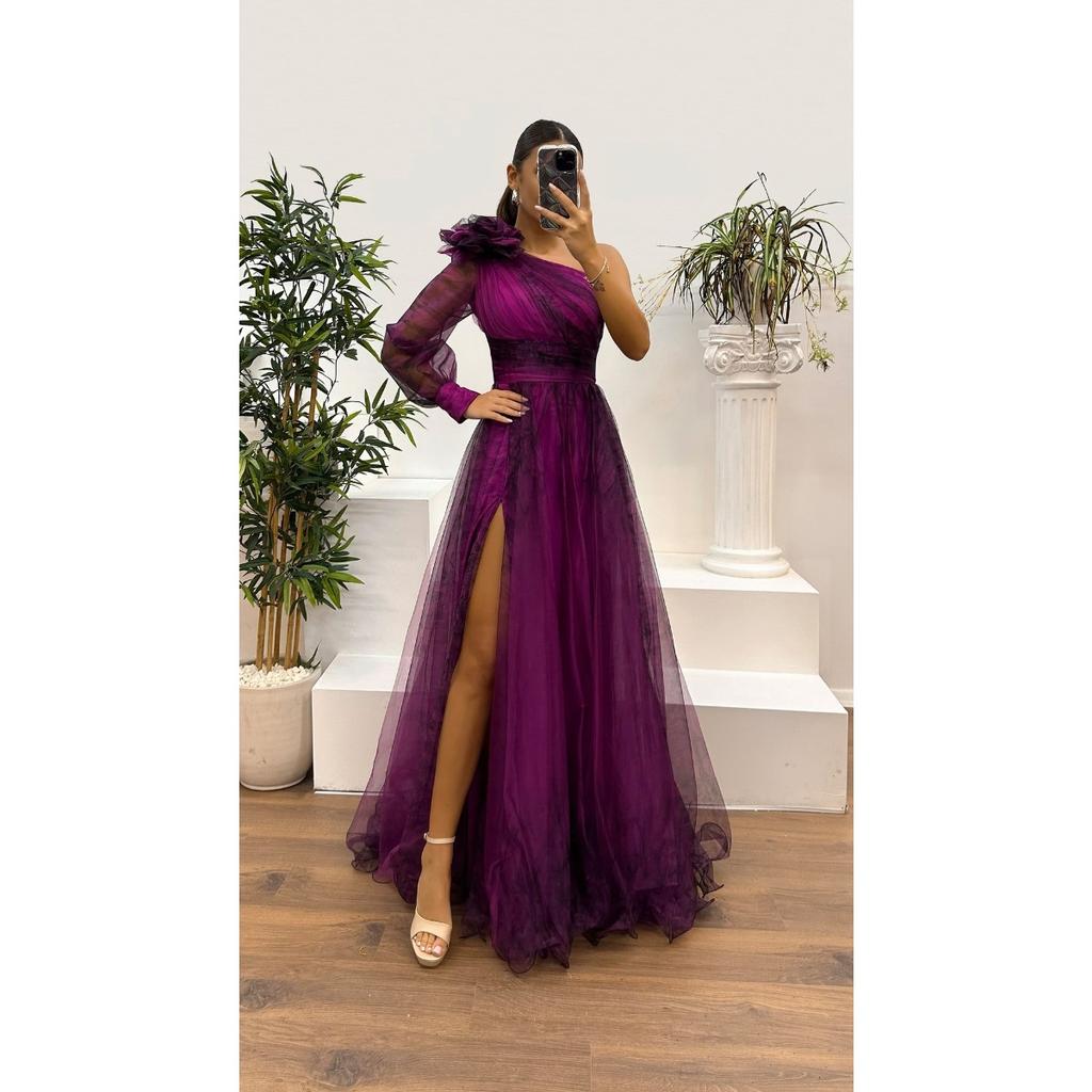 Abito Maxi da Donna a Spalla Singola Manica Lunga Linea ad A Vita Media Elegante Abito da Sera in Tulle