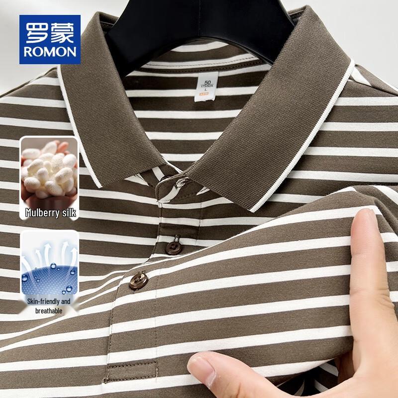 ROMON Men's Cooling Silk Blend Striped Polo Shirt